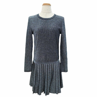 Chanel Coco Button Hem Pleated Crew Neck Long Sleeve Knit Dress Lame Silver 38