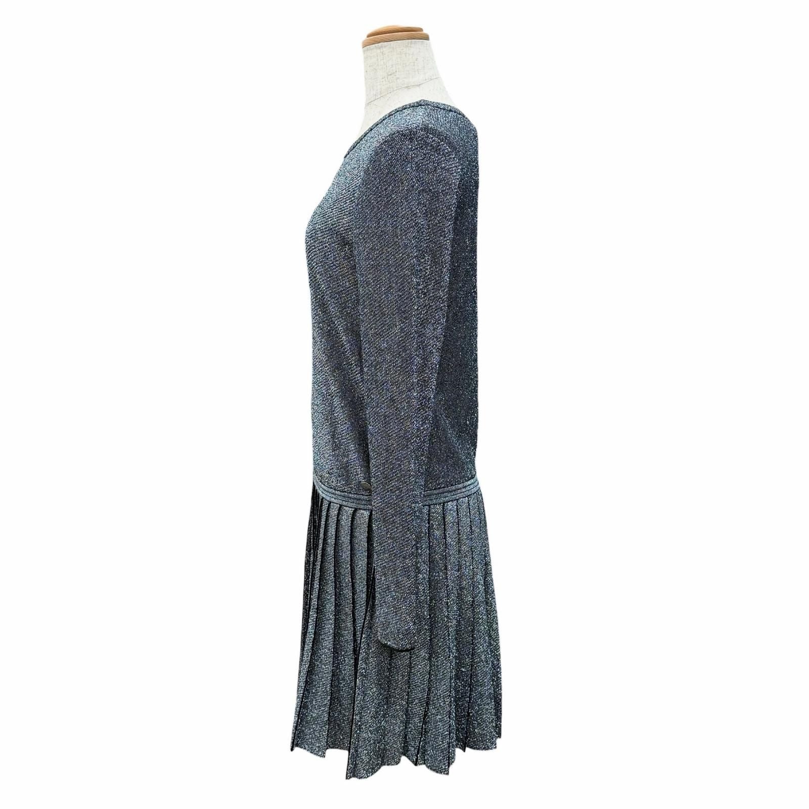 Chanel Coco Button Hem Pleated Crew Neck Long Sleeve Knit Dress Lame Silver 38 — view 2