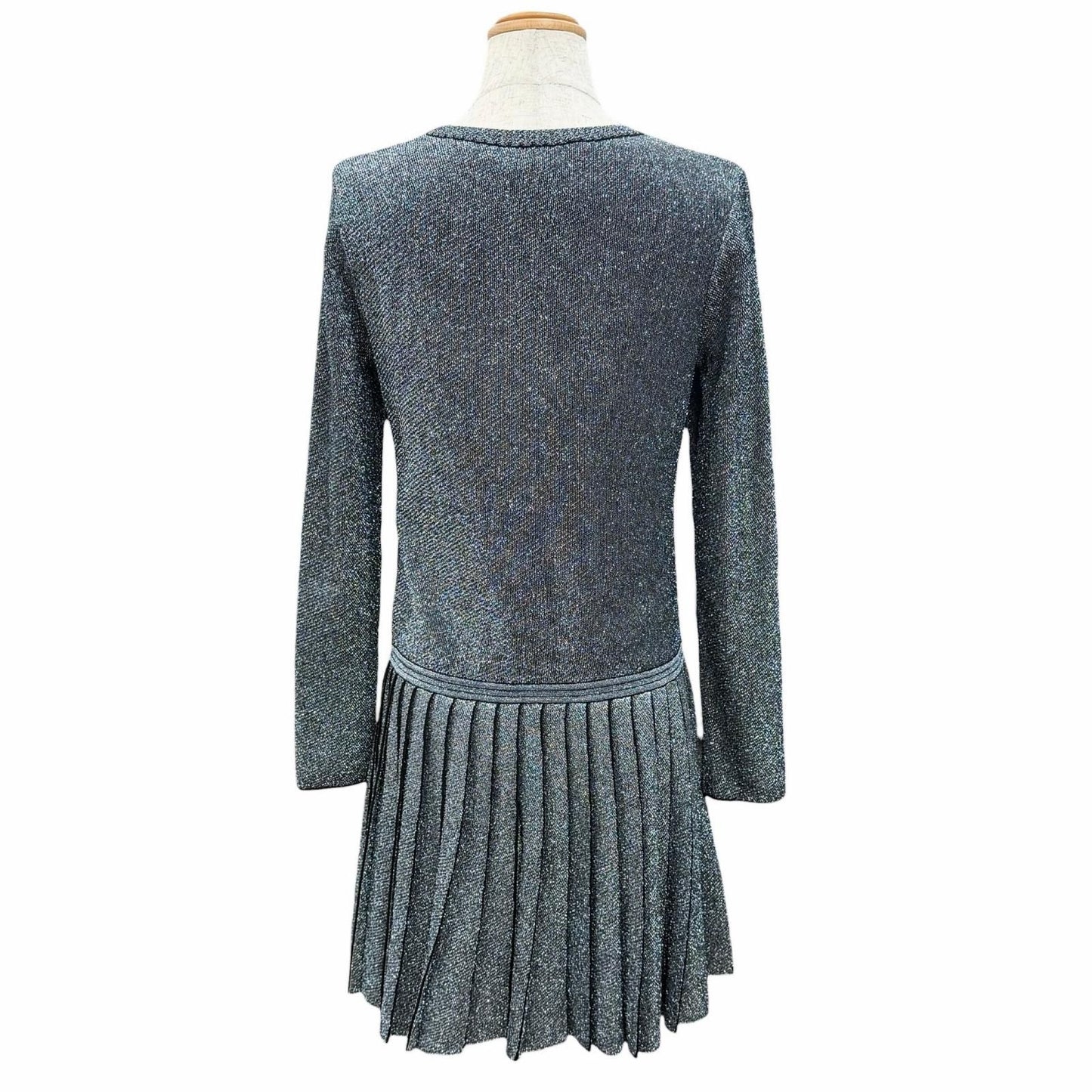 Chanel Coco Button Hem Pleated Crew Neck Long Sleeve Knit Dress Lame Silver 38 — view 3