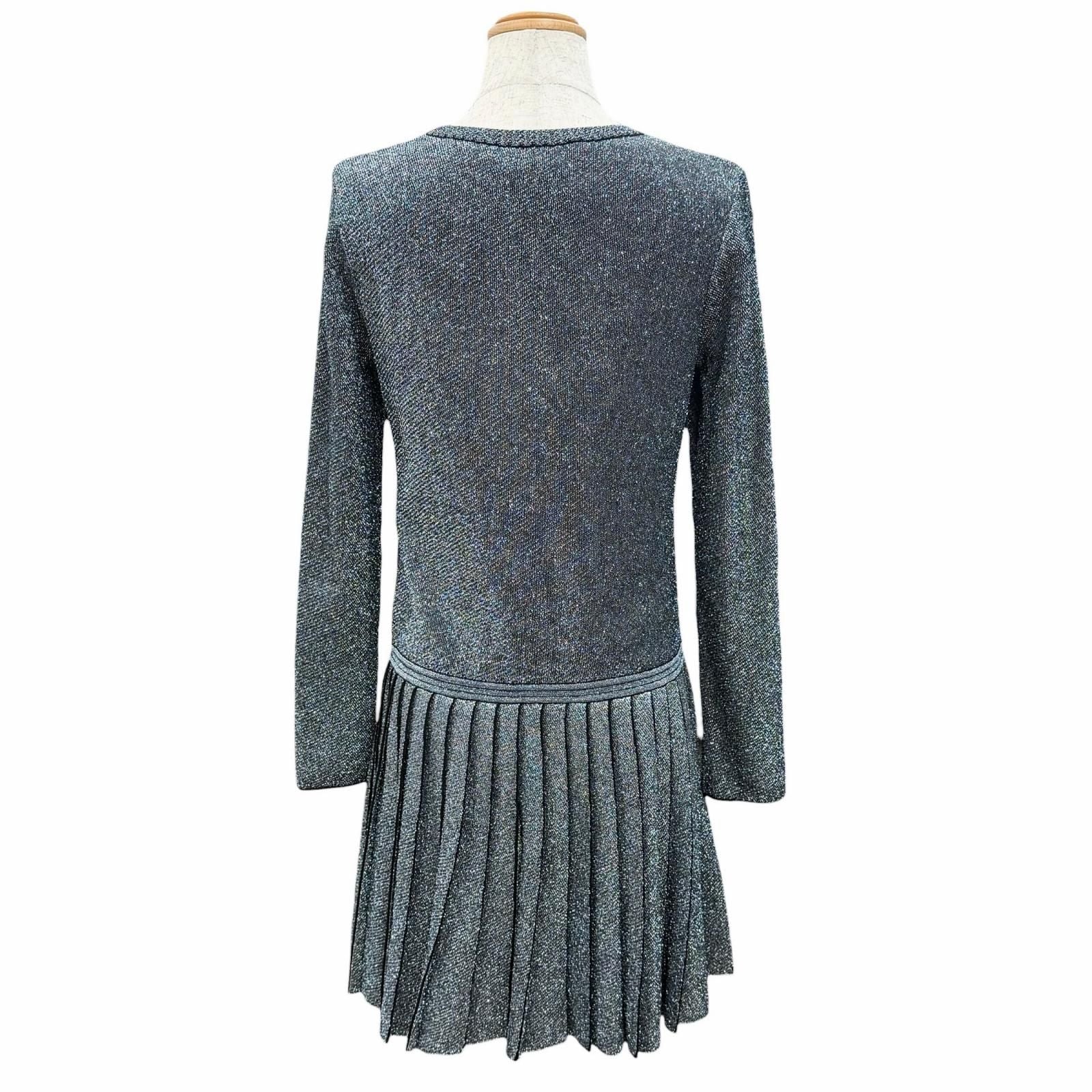 Chanel Coco Button Hem Pleated Crew Neck Long Sleeve Knit Dress Lame Silver 38 — view 3