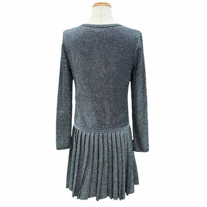 Chanel Coco Button Hem Pleated Crew Neck Long Sleeve Knit Dress Lame Silver 38 — view 3