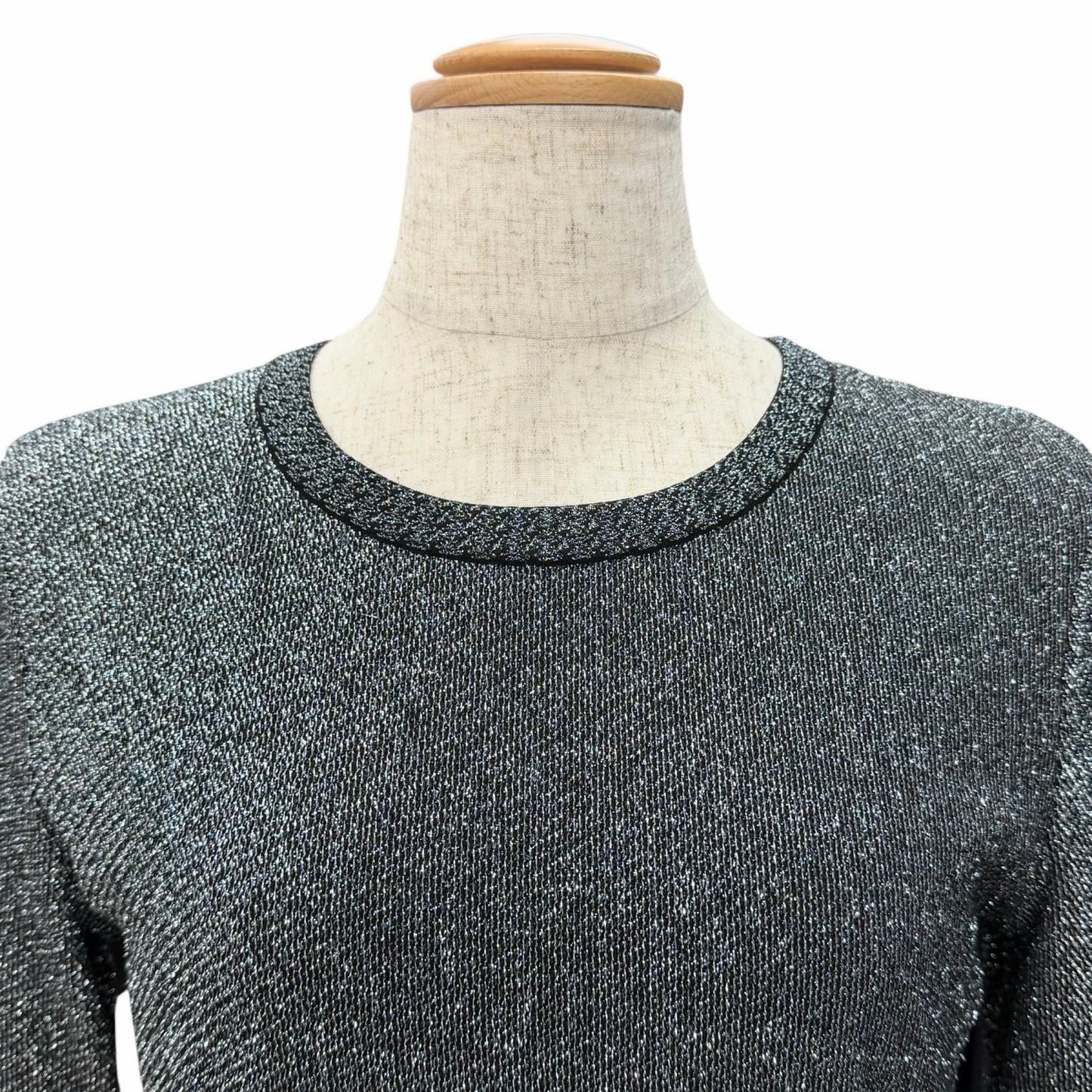Chanel Coco Button Hem Pleated Crew Neck Long Sleeve Knit Dress Lame Silver 38 — view 4