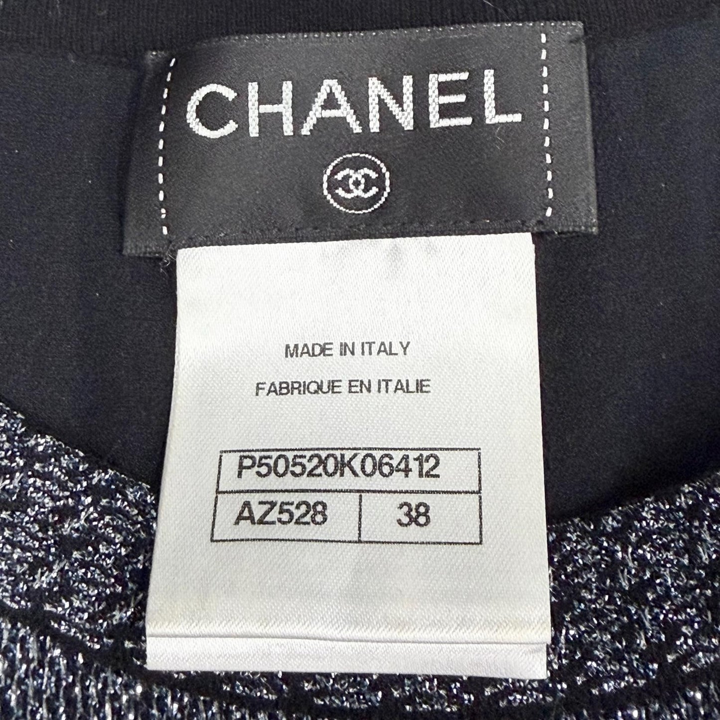 Chanel Coco Button Hem Pleated Crew Neck Long Sleeve Knit Dress Lame Silver 38 — view 6