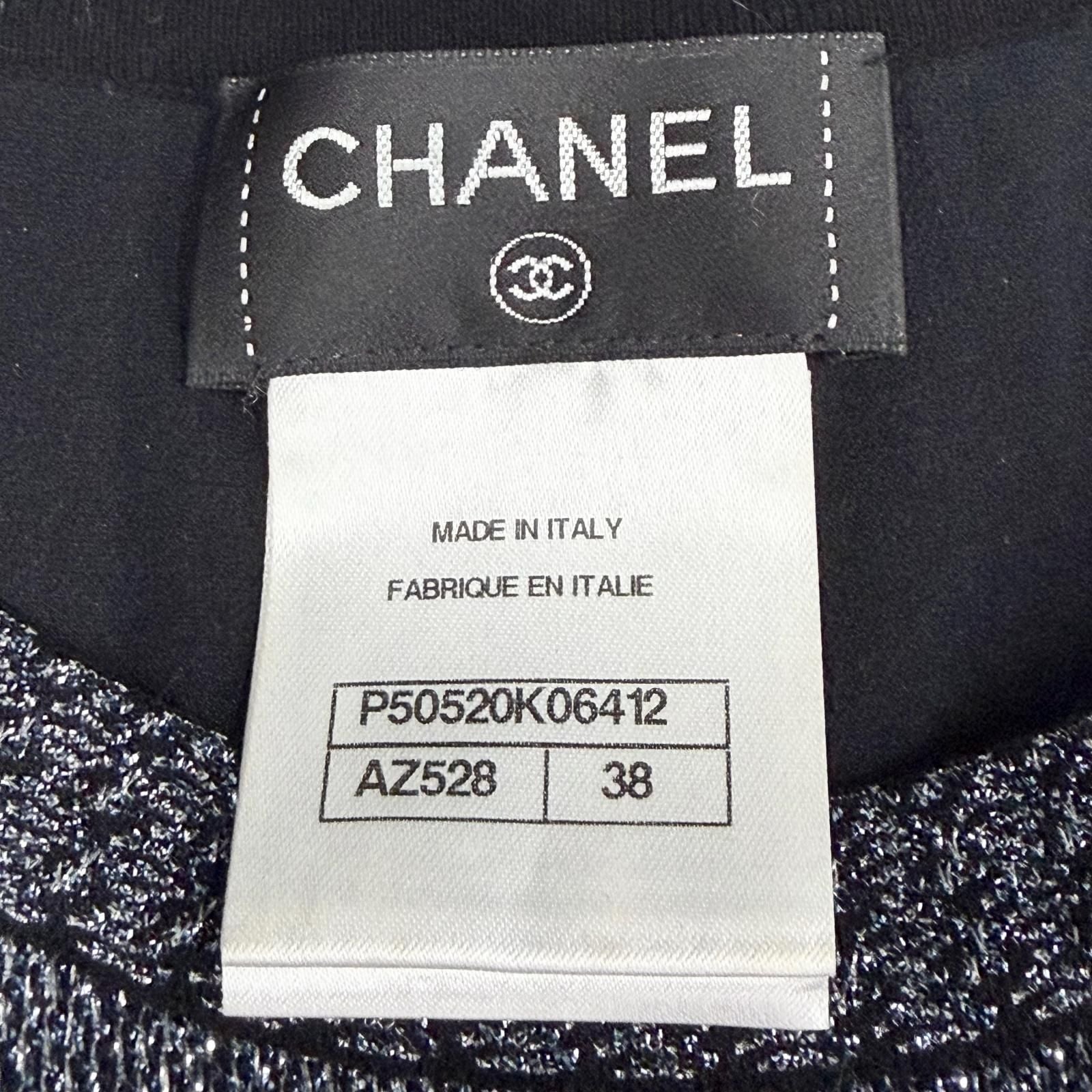 Chanel Coco Button Hem Pleated Crew Neck Long Sleeve Knit Dress Lame Silver 38 — view 6
