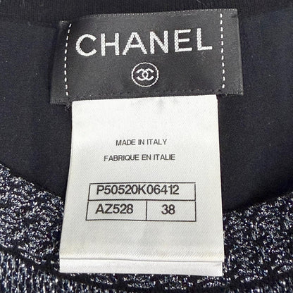 Chanel Coco Button Hem Pleated Crew Neck Long Sleeve Knit Dress Lame Silver 38 — view 6