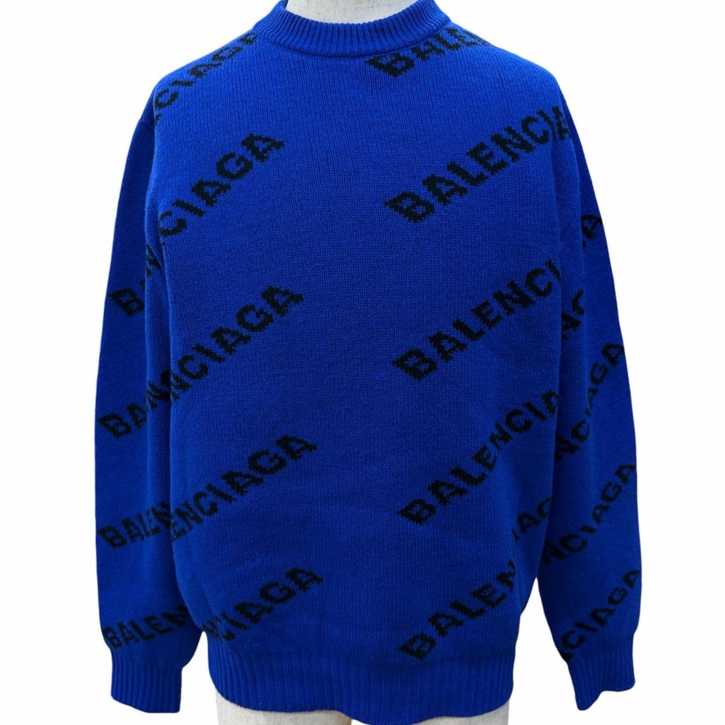 Balenciaga Wool Overall Logo Crew Neck Knit Sweater Blue