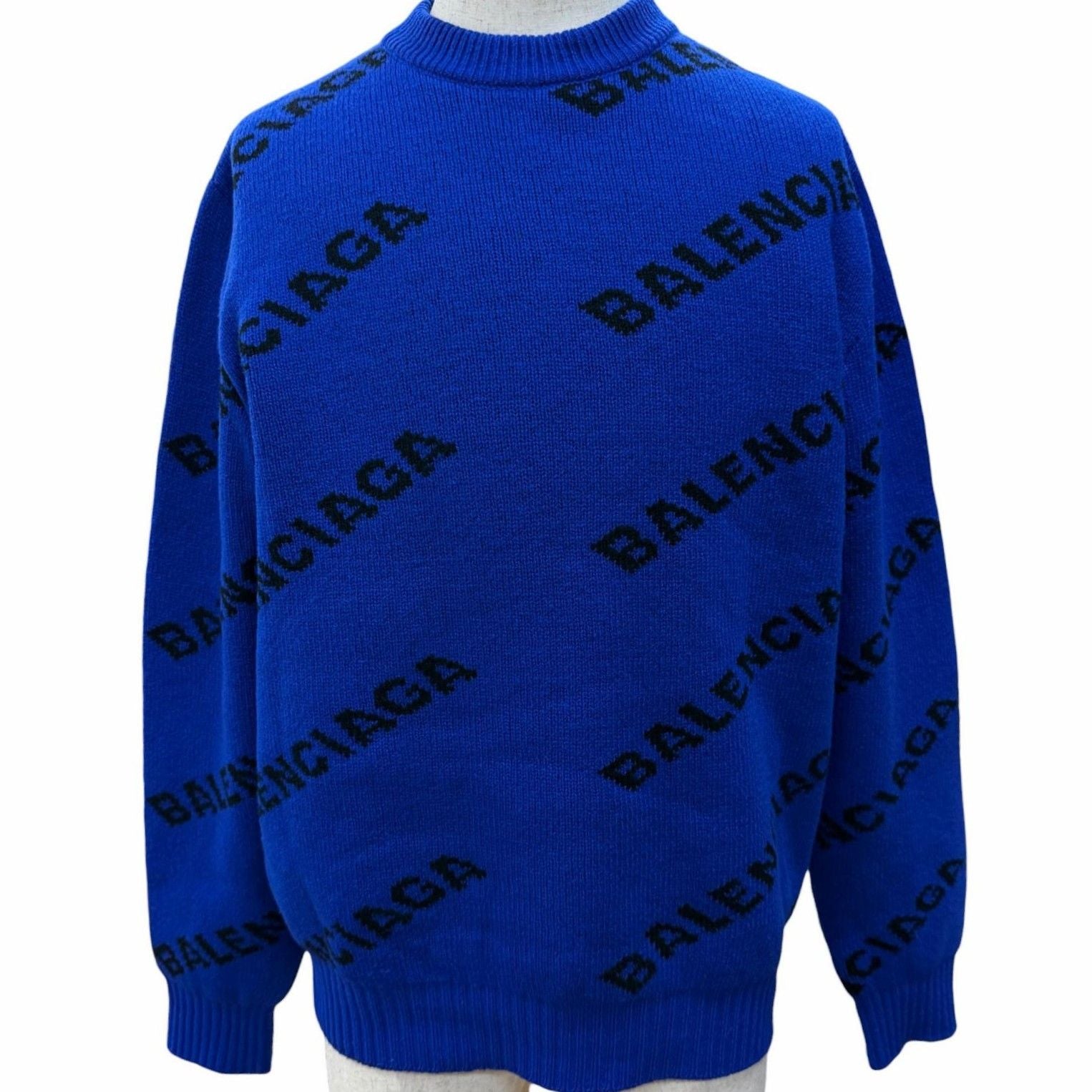 Balenciaga Wool Overall Logo Crew Neck Knit Sweater Blue