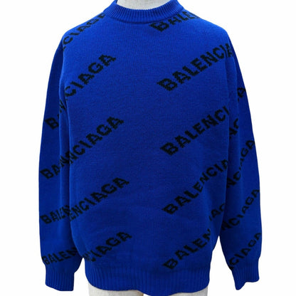 Balenciaga Wool Overall Logo Crew Neck Knit Sweater Blue