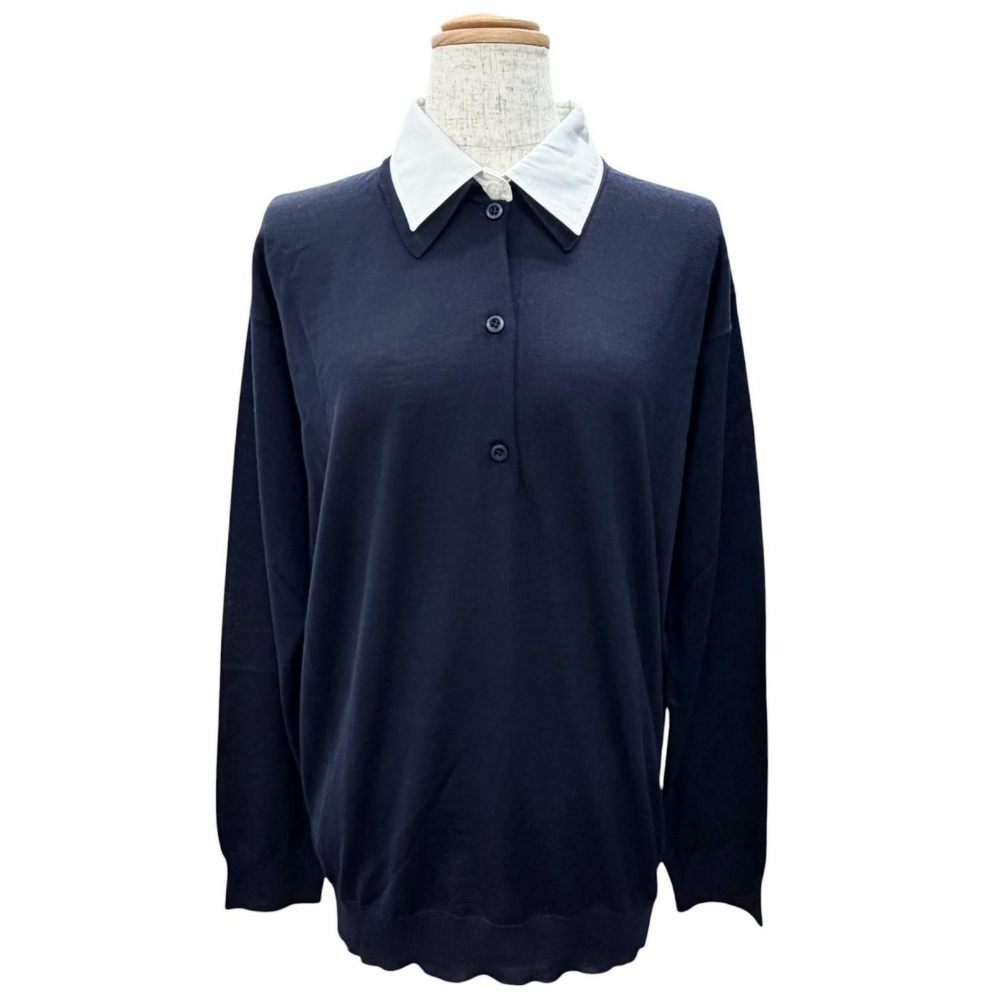 Prada 100% Virgin Wool Collared 2-Way Long Sleeve Knit Polo Shirt Top Navy 44