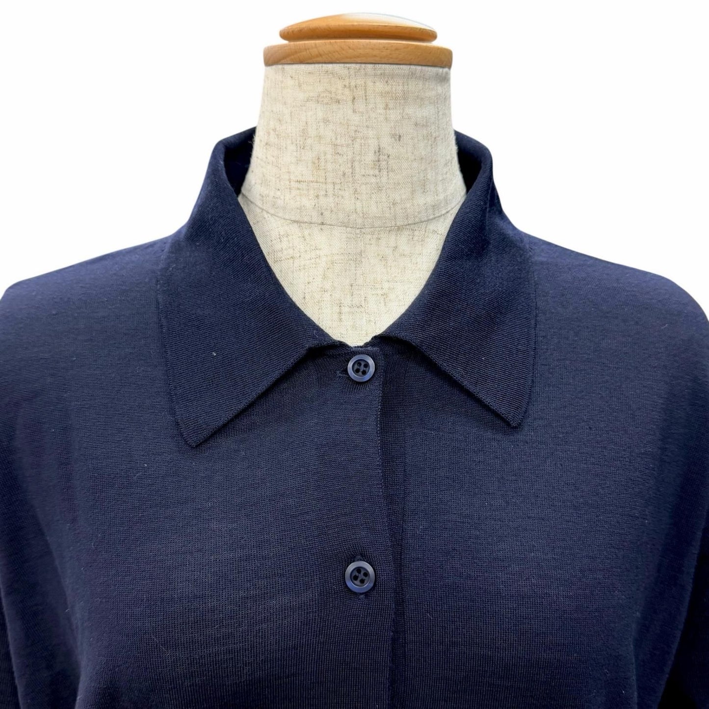 Prada 100% Virgin Wool Collared 2-Way Long Sleeve Knit Polo Shirt Top Navy 44 — view 5