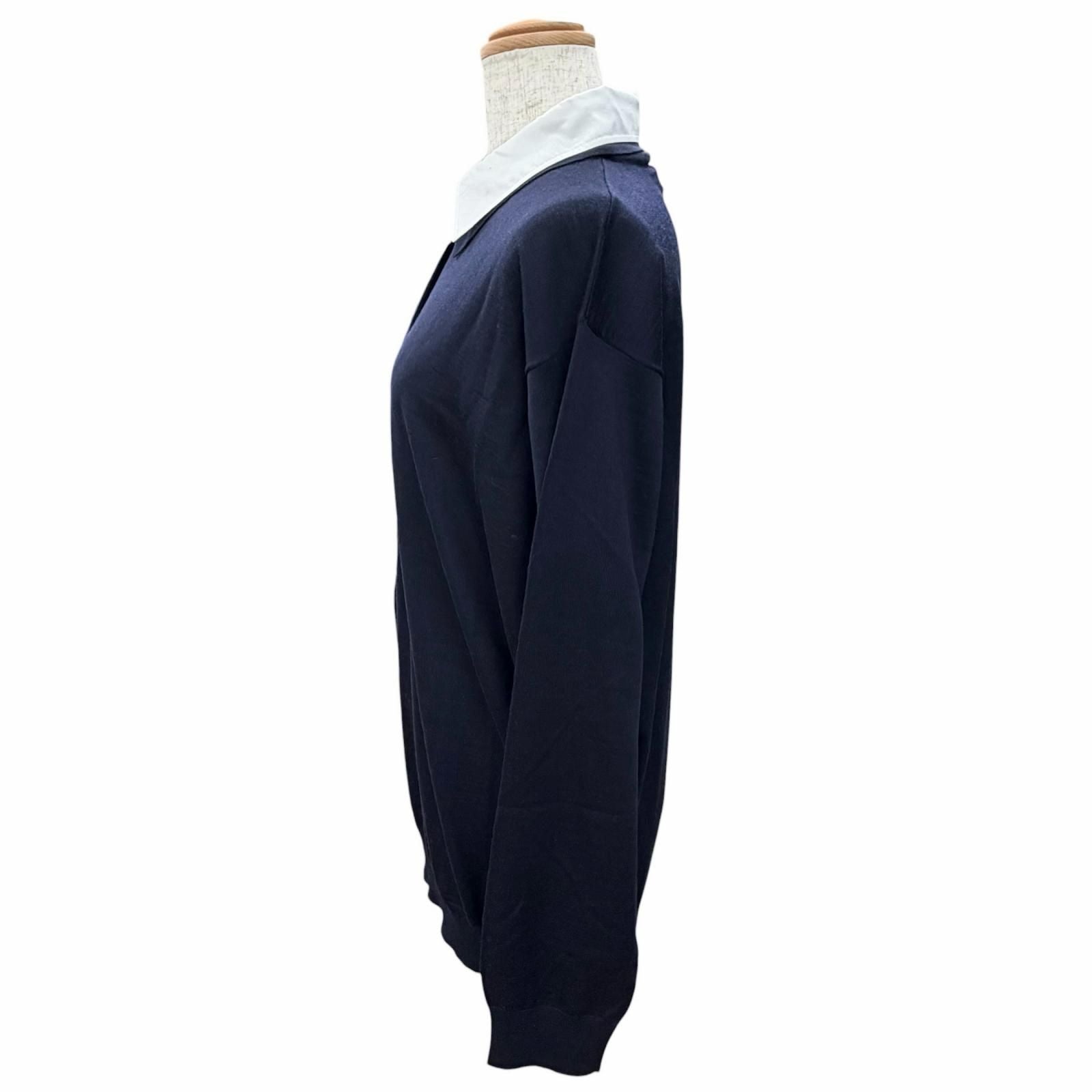 Prada 100% Virgin Wool Collared 2-Way Long Sleeve Knit Polo Shirt Top Navy 44 — view 2