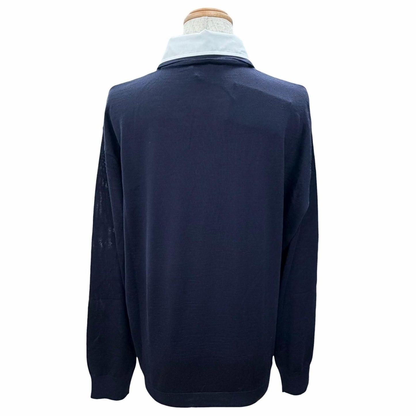 Prada 100% Virgin Wool Collared 2-Way Long Sleeve Knit Polo Shirt Top Navy 44 — view 3
