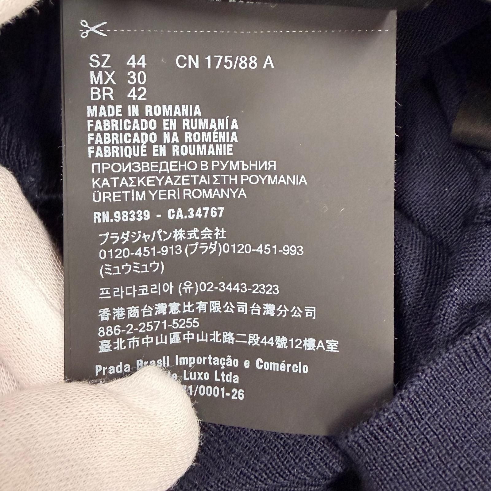 Prada 100% Virgin Wool Collared 2-Way Long Sleeve Knit Polo Shirt Top Navy 44 — view 8