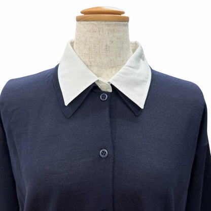 Prada 100% Virgin Wool Collared 2-Way Long Sleeve Knit Polo Shirt Top Navy 44 — view 4