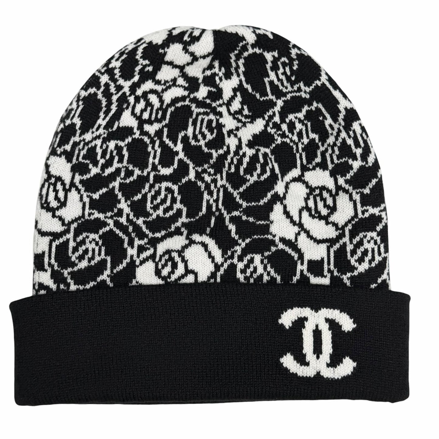Chanel Cashmere CC Logo Camellia Knit Cap Black White Hat