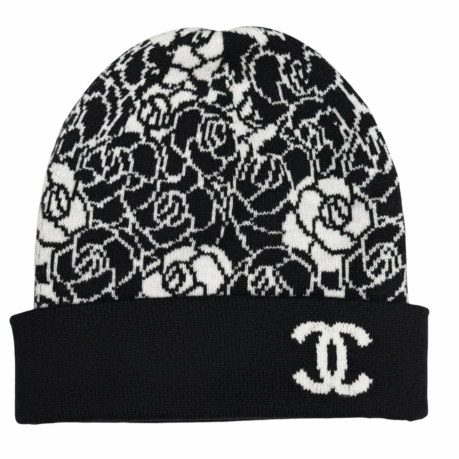 Chanel Cashmere CC Logo Camellia Knit Cap Black White Hat