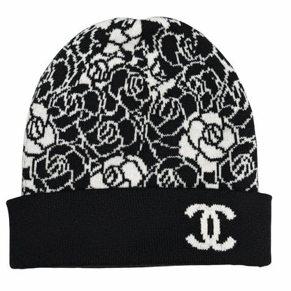Chanel Cashmere CC Logo Camellia Knit Cap Black White Hat