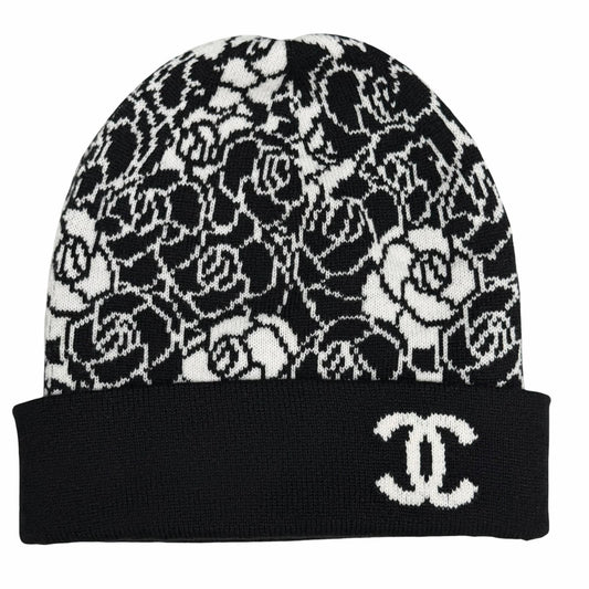 Chanel Cashmere CC Logo Camellia Knit Cap Black White Hat
