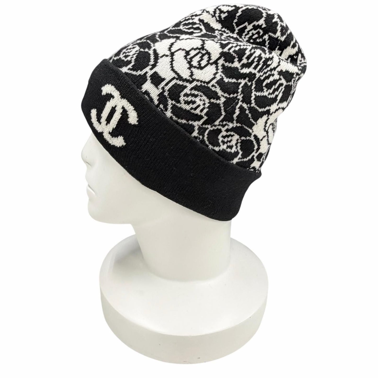 Chanel Cashmere CC Logo Camellia Knit Cap Black White Hat — view 3