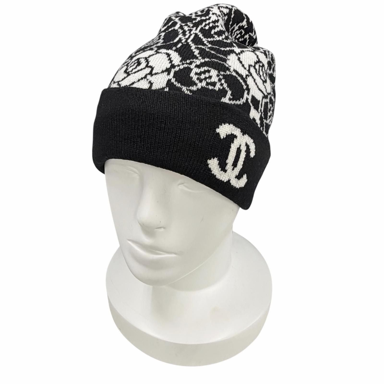 Chanel Cashmere CC Logo Camellia Knit Cap Black White Hat — view 2