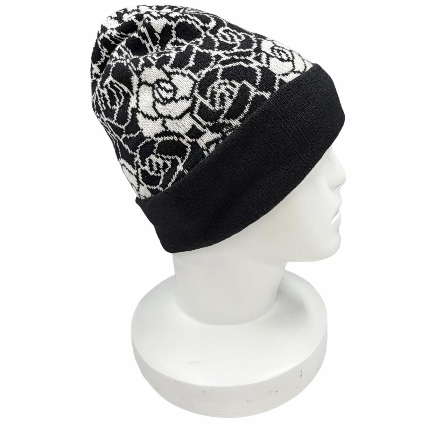 Chanel Cashmere CC Logo Camellia Knit Cap Black White Hat — view 4