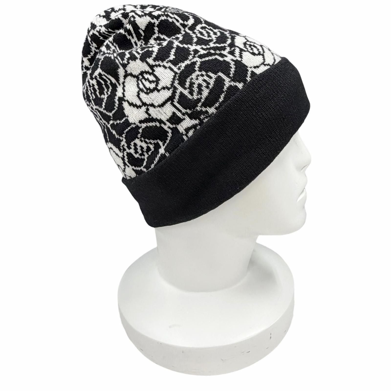 Chanel Cashmere CC Logo Camellia Knit Cap Black White Hat — view 4