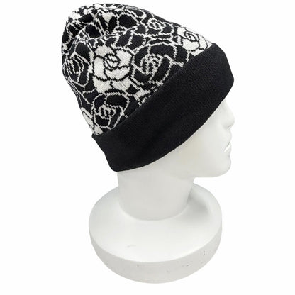Chanel Cashmere CC Logo Camellia Knit Cap Black White Hat — view 4