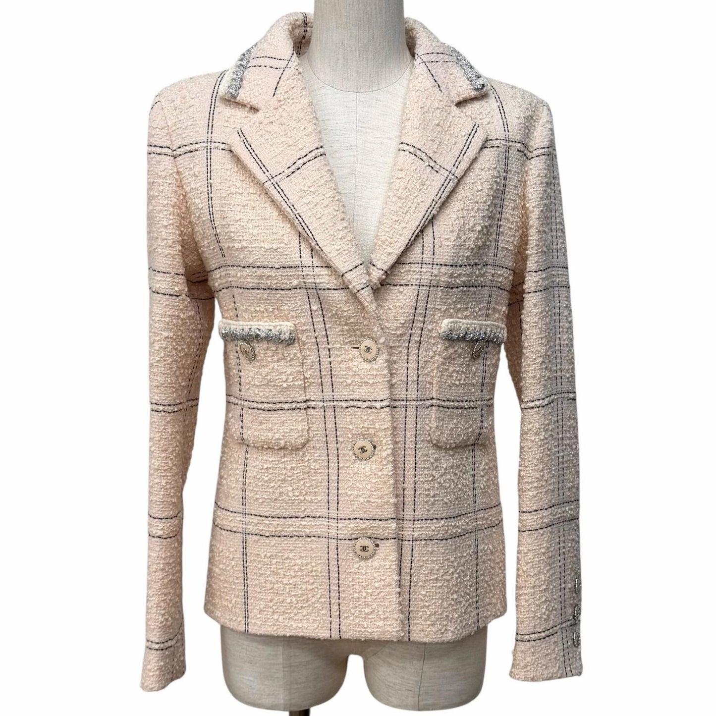 Chanel Wool Blend Plaid Tweed Jacket with Buttons Pink Black 36