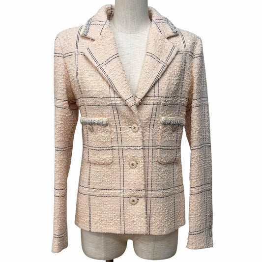 Chanel Wool Blend Plaid Tweed Jacket with Buttons Pink Black 36