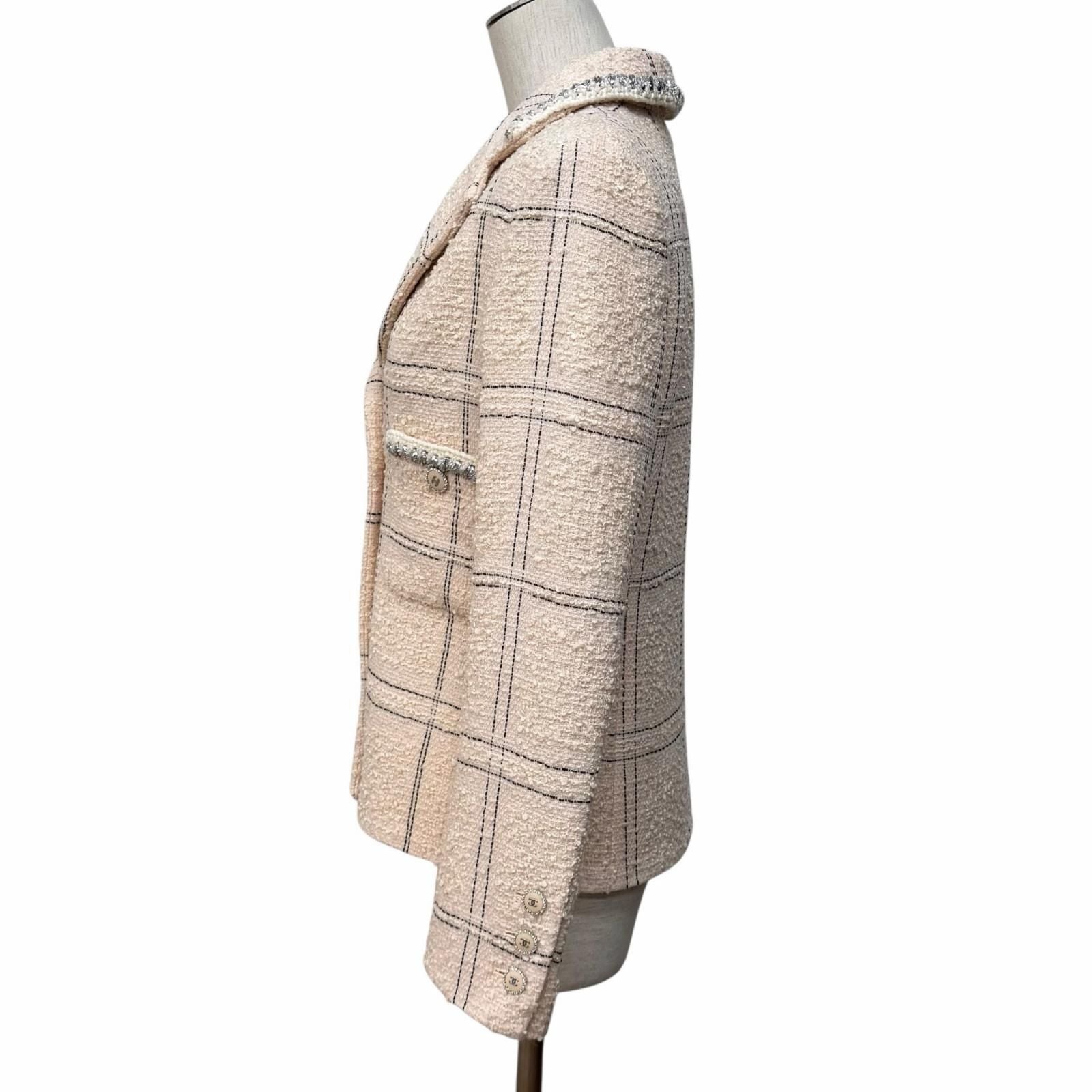 Chanel Wool Blend Plaid Tweed Jacket with Buttons Pink Black 36 — view 2