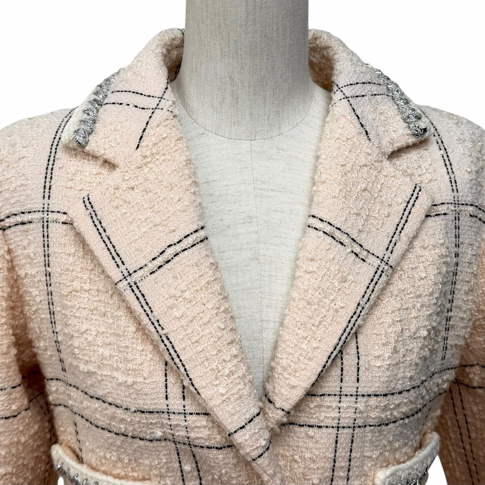 Chanel Wool Blend Plaid Tweed Jacket with Buttons Pink Black 36 — view 4
