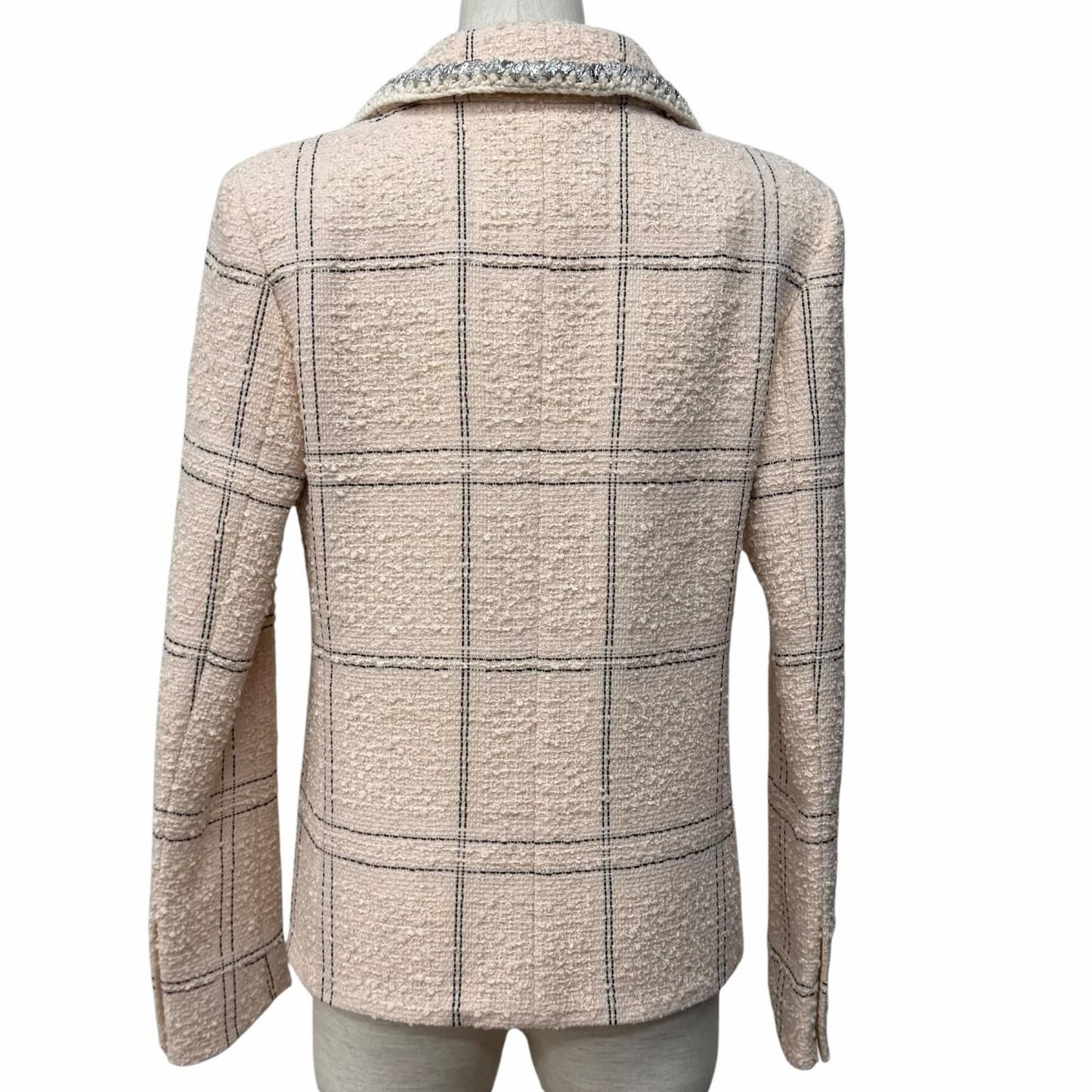Chanel Wool Blend Plaid Tweed Jacket with Buttons Pink Black 36 — view 3