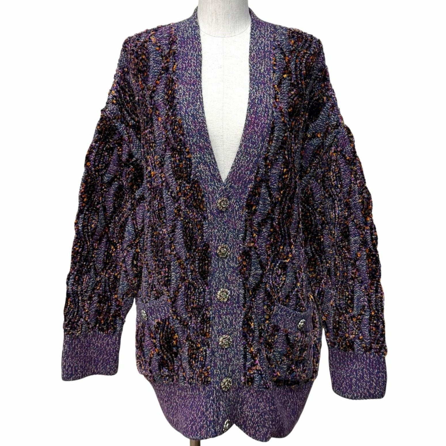 Chanel Alpaca Blend Line Stone Coco Button Thick Neck Knit Cardigan Purple 38