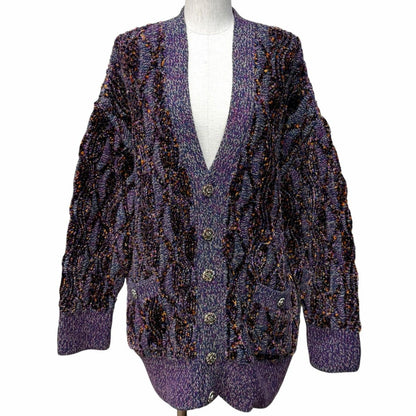 Chanel Alpaca Blend Line Stone Coco Button Thick Neck Knit Cardigan Purple 38