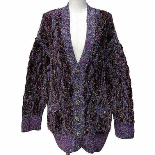 Chanel Alpaca Blend Line Stone Coco Button Thick Neck Knit Cardigan Purple 38