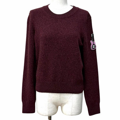 Chanel CC Logo Guitar with Patch Crew Neck Long Sleeve Cashmere Knit Bordeaux