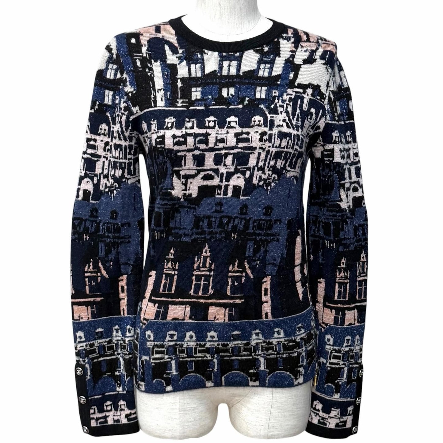 Chanel Cashmere Silk Blend All Over Pattern Lame Side Zip Long Sleeve Knit