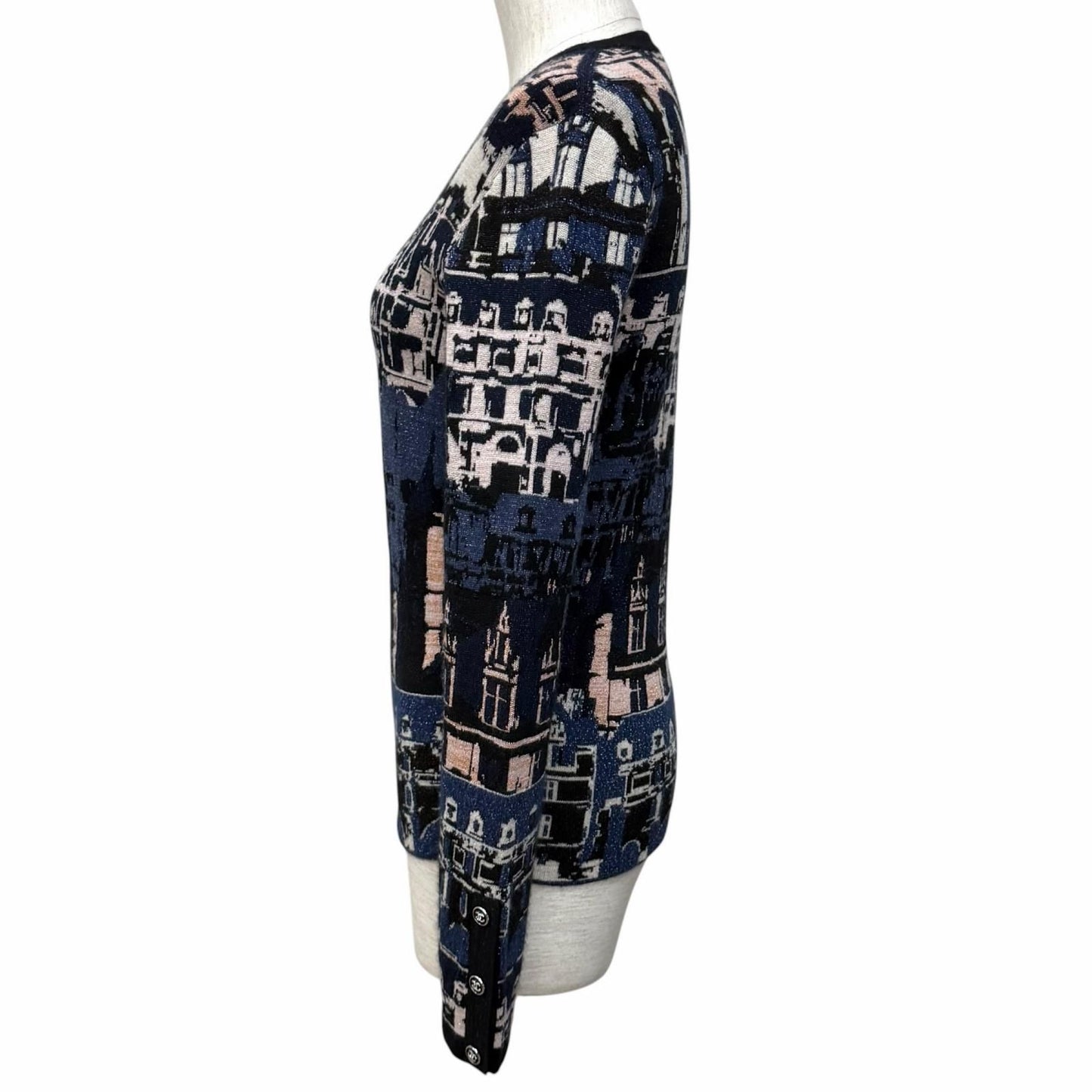 Chanel Cashmere Silk Blend All Over Pattern Lame Side Zip Long Sleeve Knit — view 2