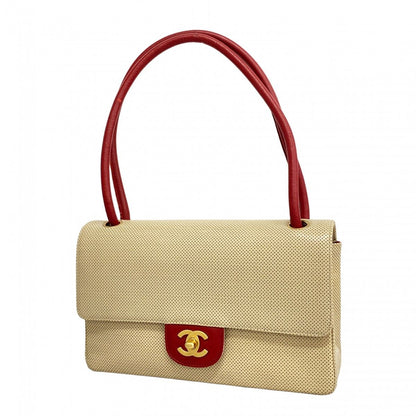 Chanel Shoulder Bag Perforated Leather Beige Gold