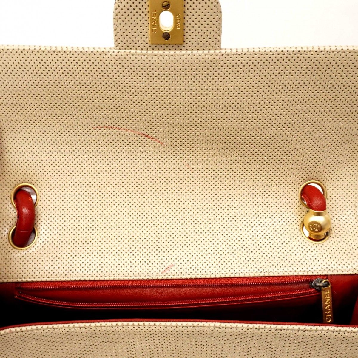 Chanel Shoulder Bag Perforated Leather Beige Gold — view 6