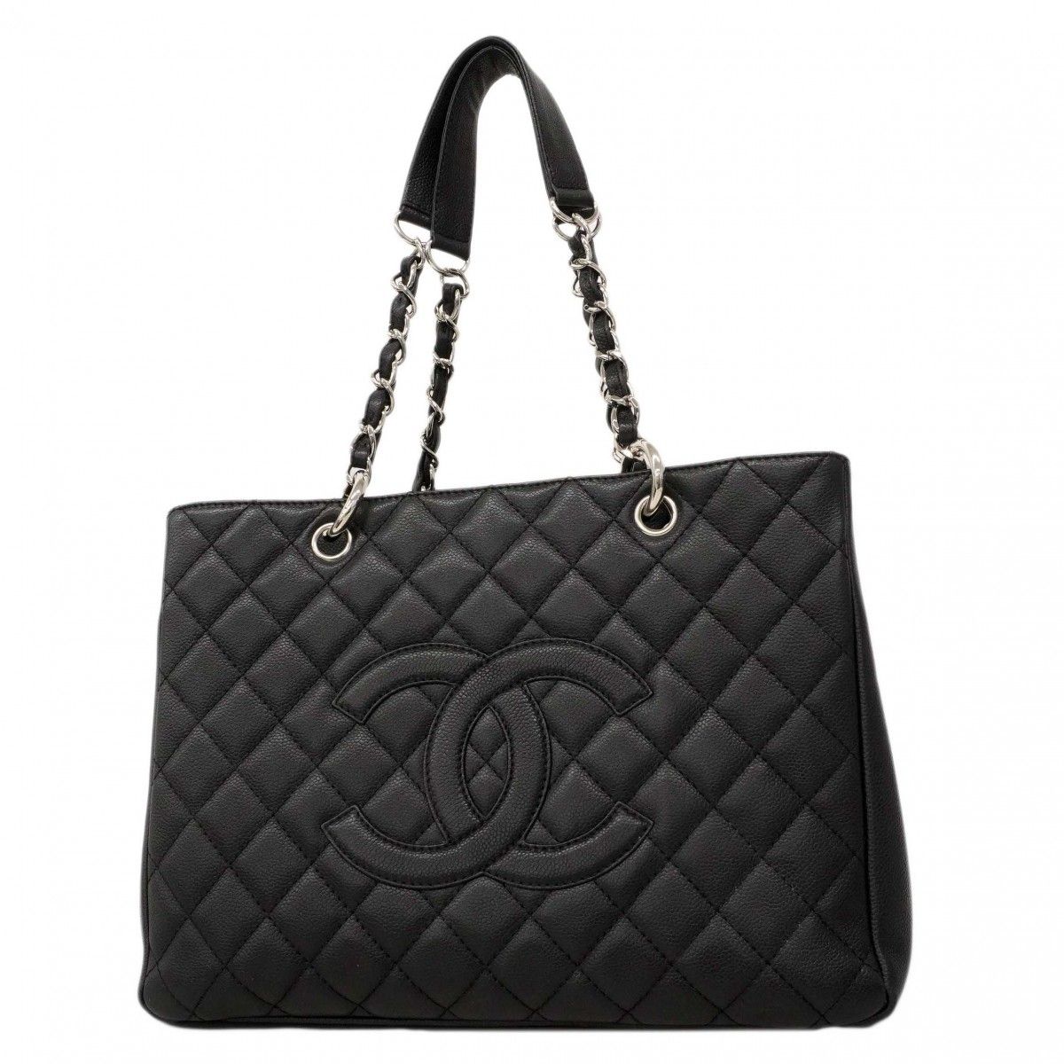 Chanel Chain Tote Quilted Caviar Leather Black Silver