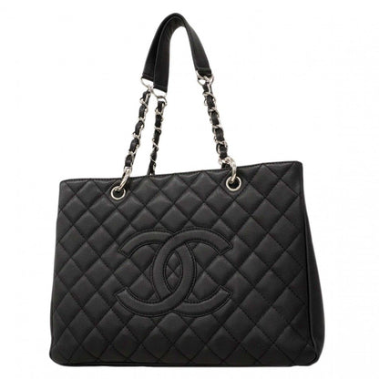 Chanel Chain Tote Quilted Caviar Leather Black Silver