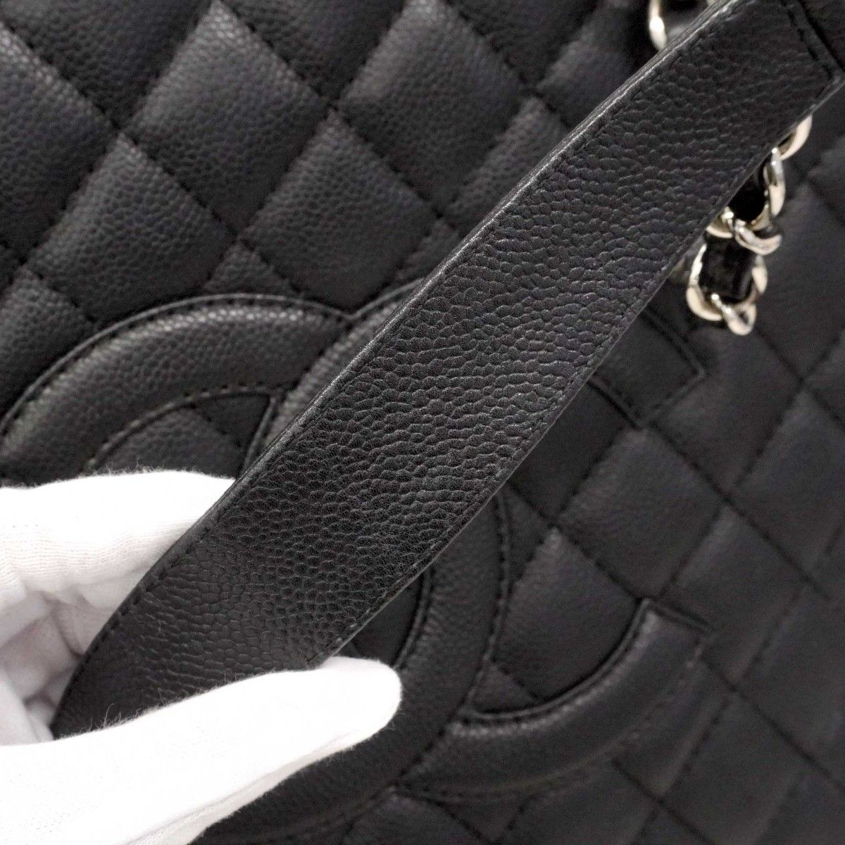 Chanel Chain Tote Quilted Caviar Leather Black Silver — view 9