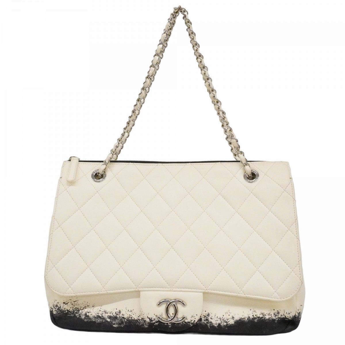 Chanel Shoulder Bag Quilted Lambskin White Black Silver