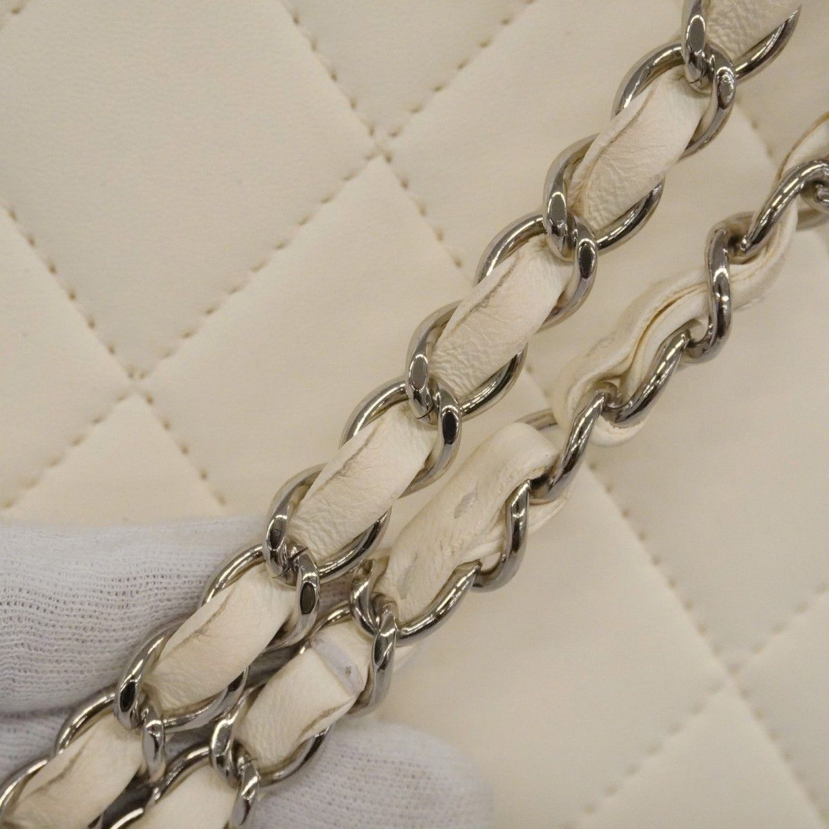 Chanel Shoulder Bag Quilted Lambskin White Black Silver — view 7