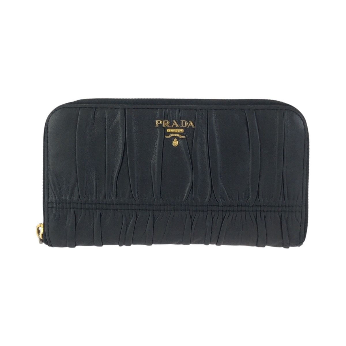 Prada Black Gold Leather Wallet Zip Around