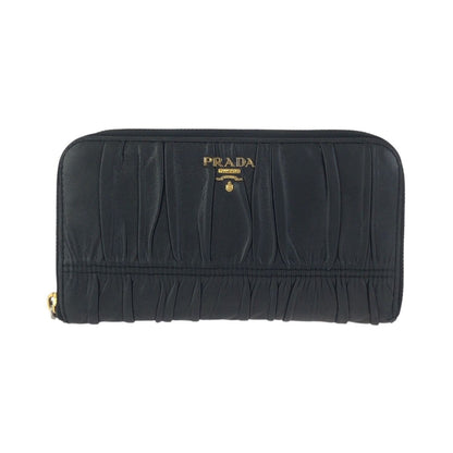 Prada Black Gold Leather Wallet Zip Around