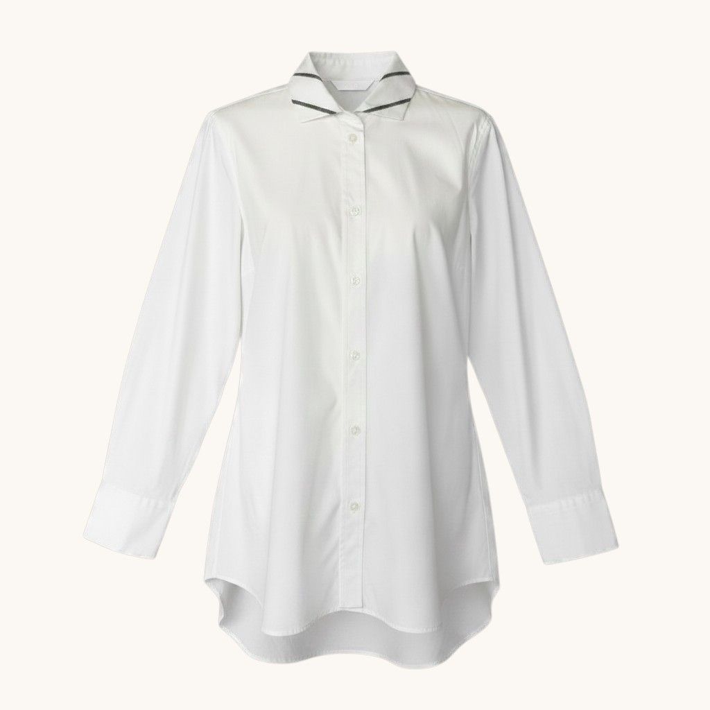 Brunello Cucinelli Long Sleeve Shirt Top Bead Decoration Stretch S White