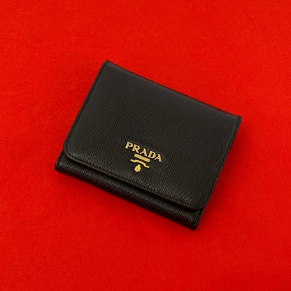 Prada Logo Vitterom Bu Leather Trifold Wallet Mini Coin Case Card Black