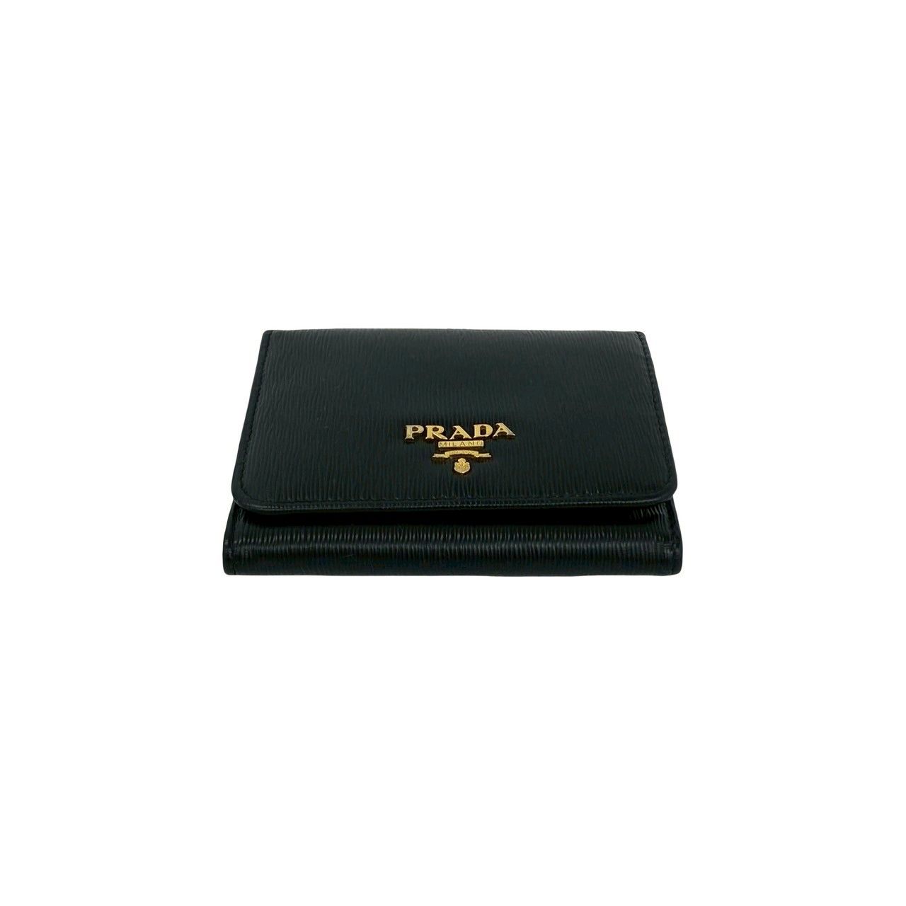Prada Logo Vitterom Bu Leather Trifold Wallet Mini Coin Case Card Black — view 6